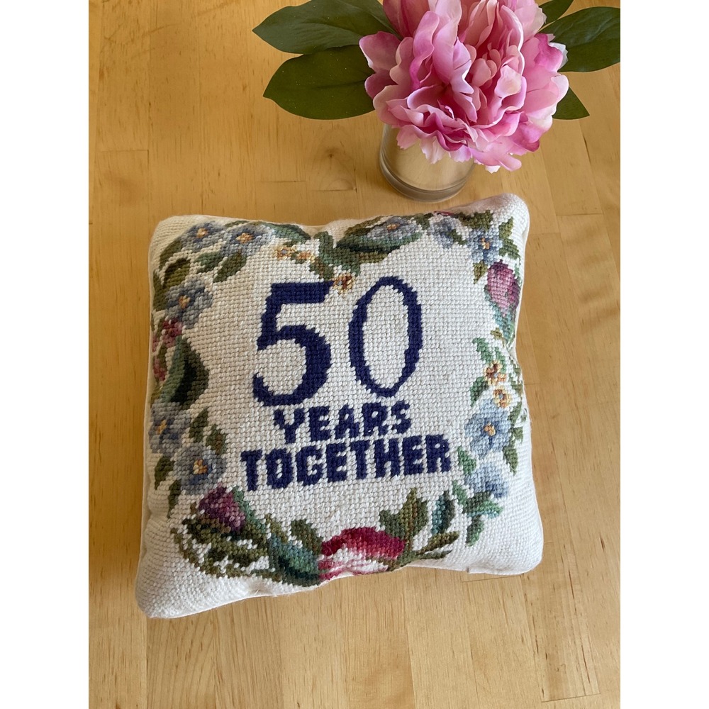 Vintage Needlepoint 50 Years Together Anniversary Pillow Floral Wreath Cream 9x9